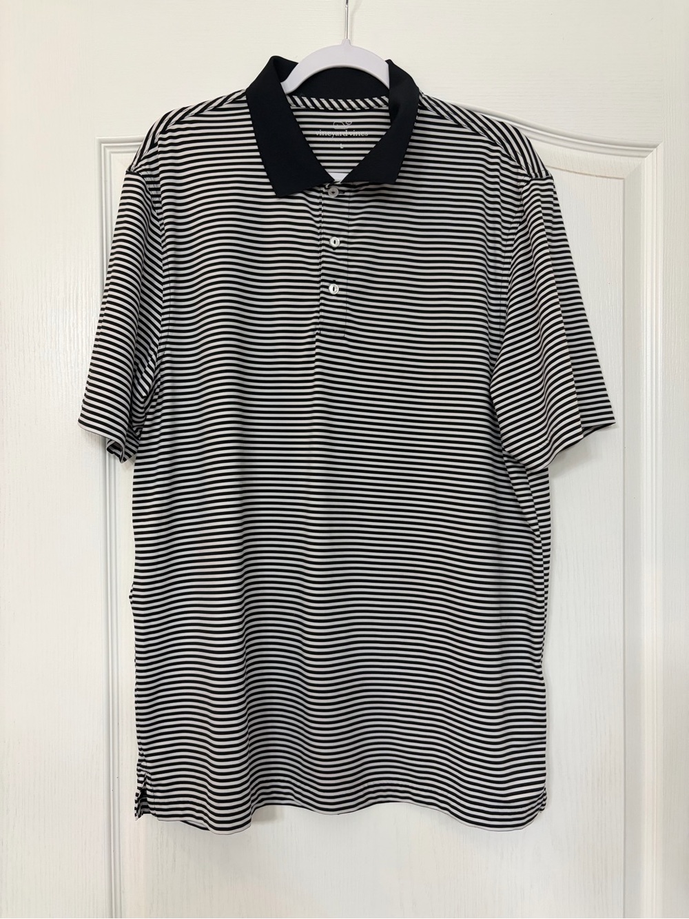 Vineyard Vines Black & White Striped Polo with Black Collar